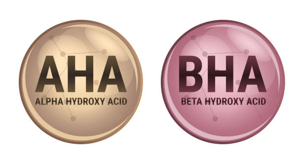 Two round buttons illustrating skincare acids: one labeled with 'AHA Alpha Hydroxy Acid' in gold tones, and another